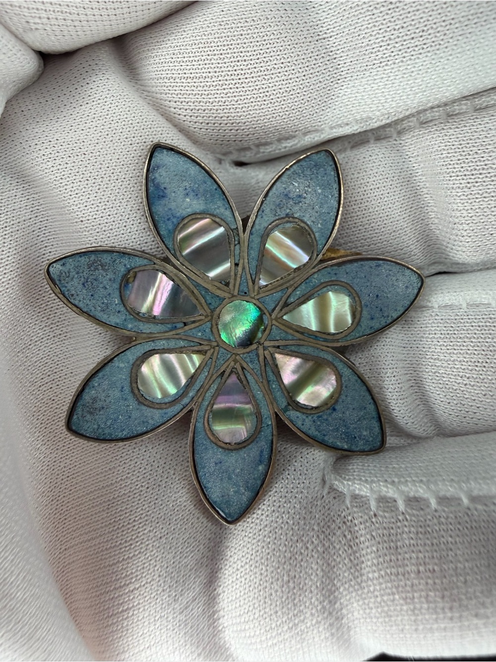 Vintage Sterling Mexico 925 Blue Enamel Abalone Flower Brooch Pin Pendant 1.5”